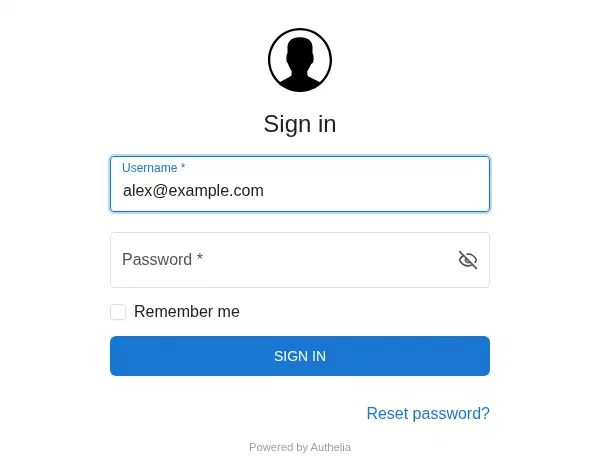 The Authelia sign-in page with username and password fields