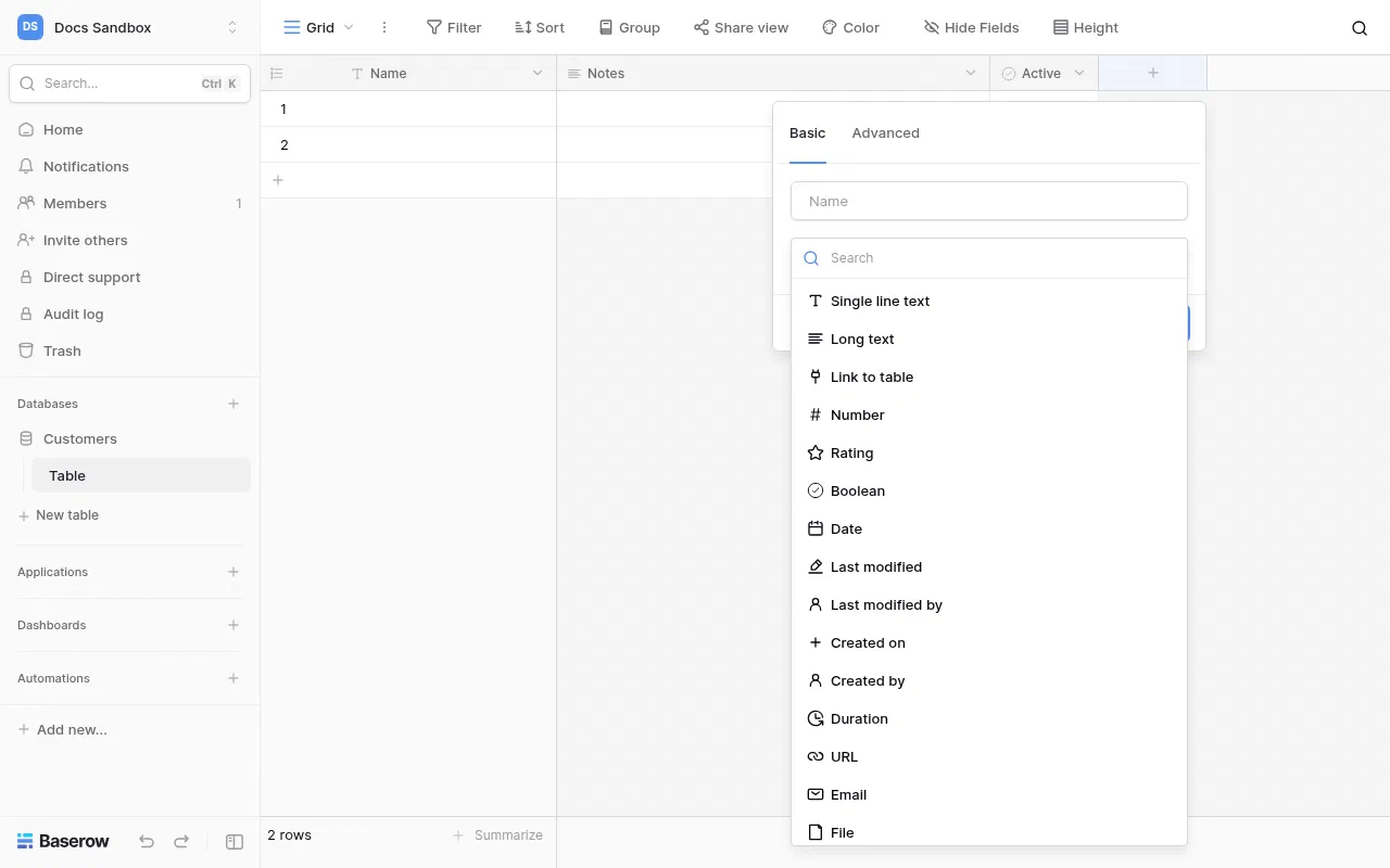Adding a field in Baserow, with the list of field types open