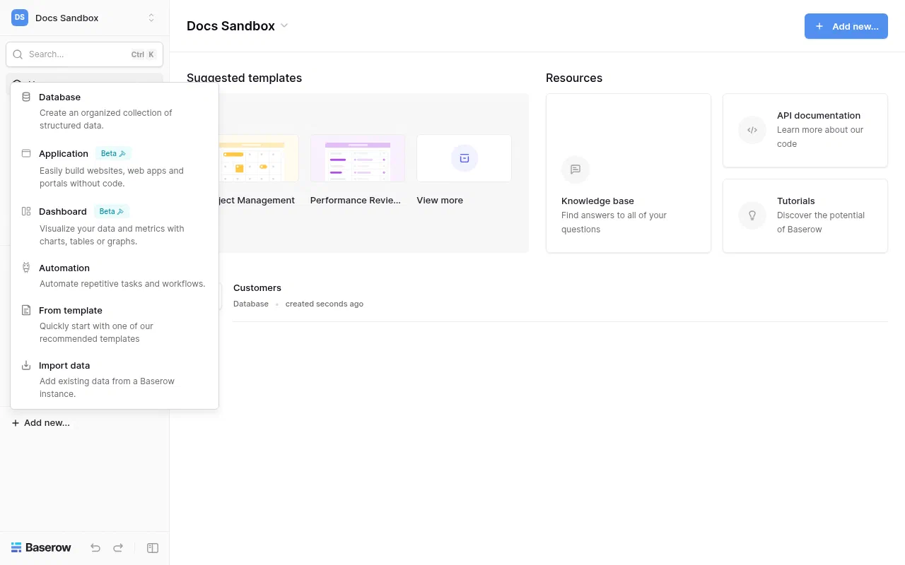 The Baserow Add new menu listing Database, Application, Dashboard, Automation, From template, and Import data
