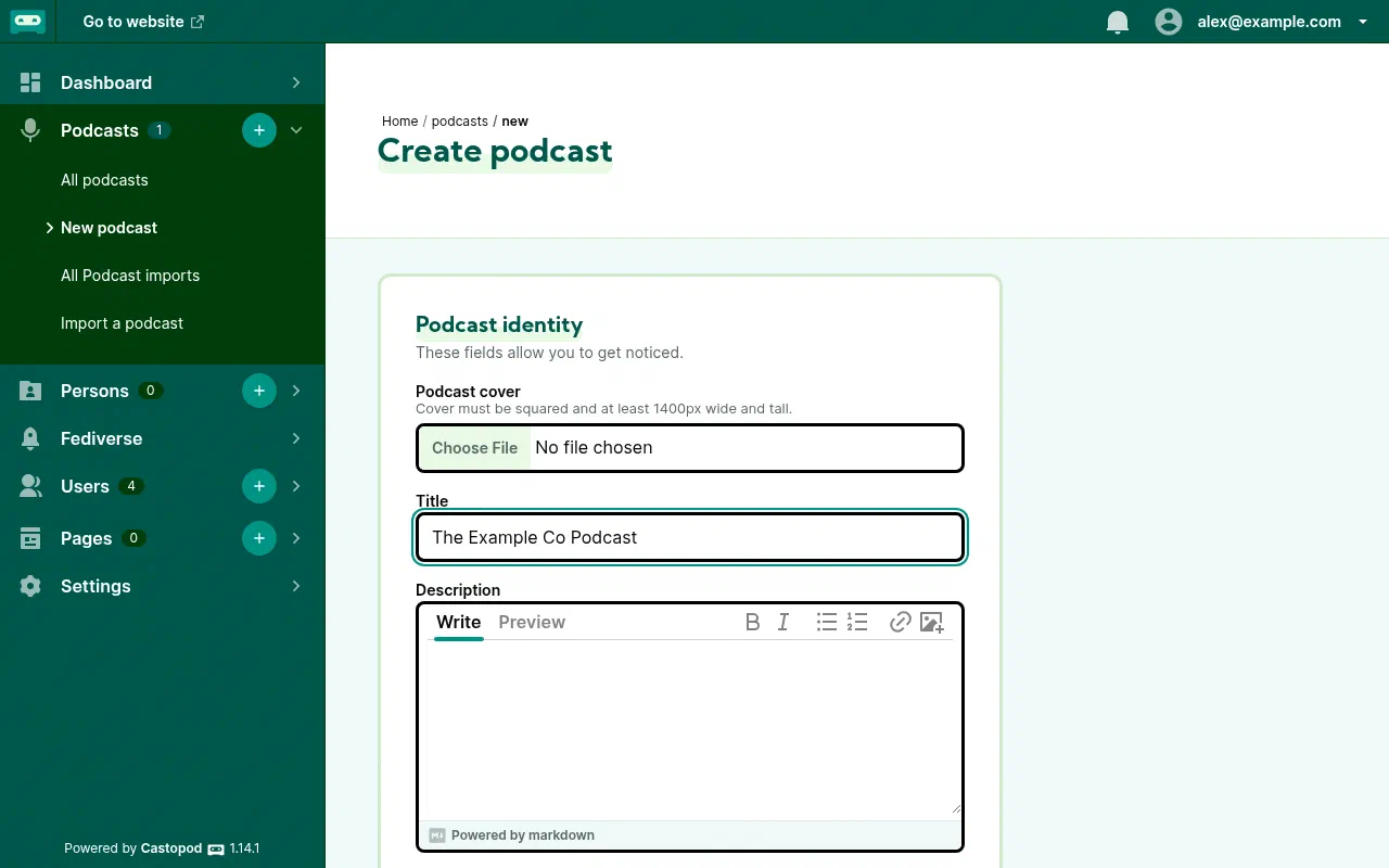 The Castopod Create podcast form with cover, title, and description fields
