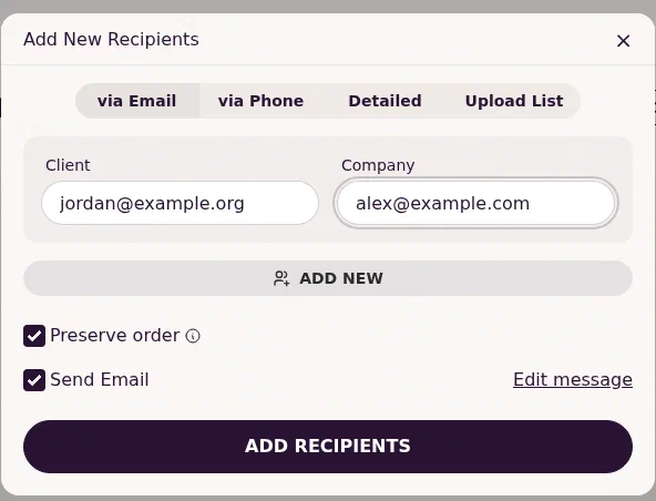 The DocuSeal Add New Recipients dialog with an email address for each party