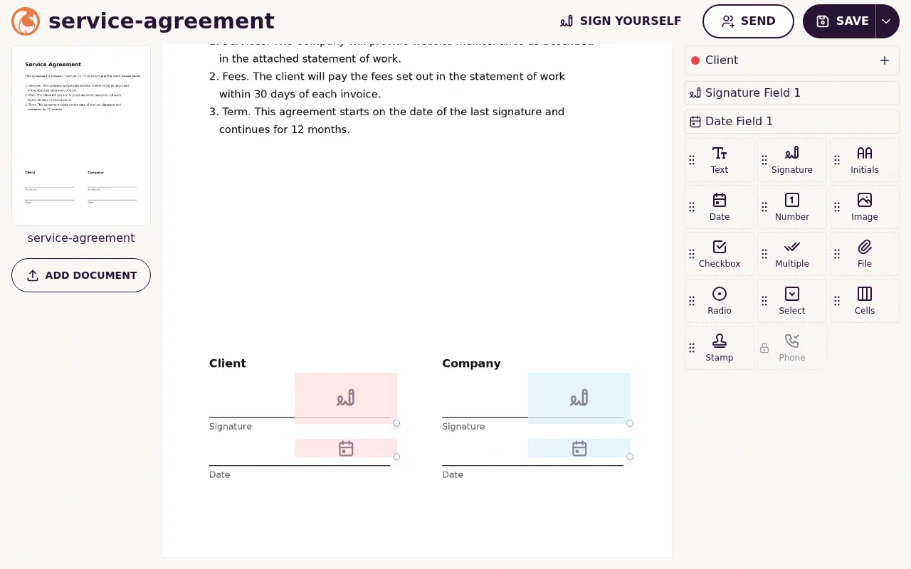 The DocuSeal template builder with signature and date fields placed for two parties, Client and Company