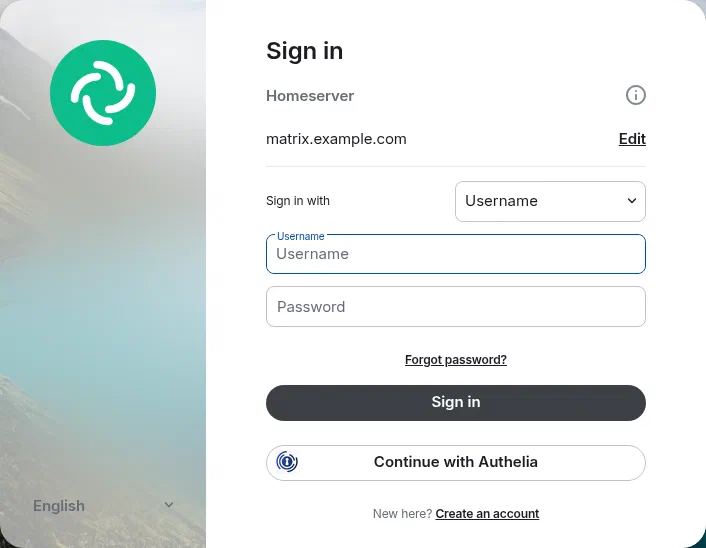 The Element sign-in page with a Continue with Authelia button
