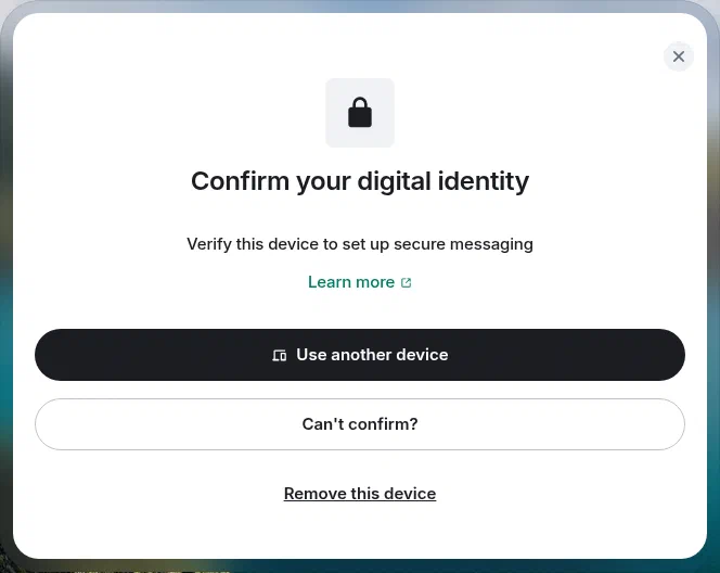 Element asking to confirm your digital identity, with Use another device and Can't confirm? buttons