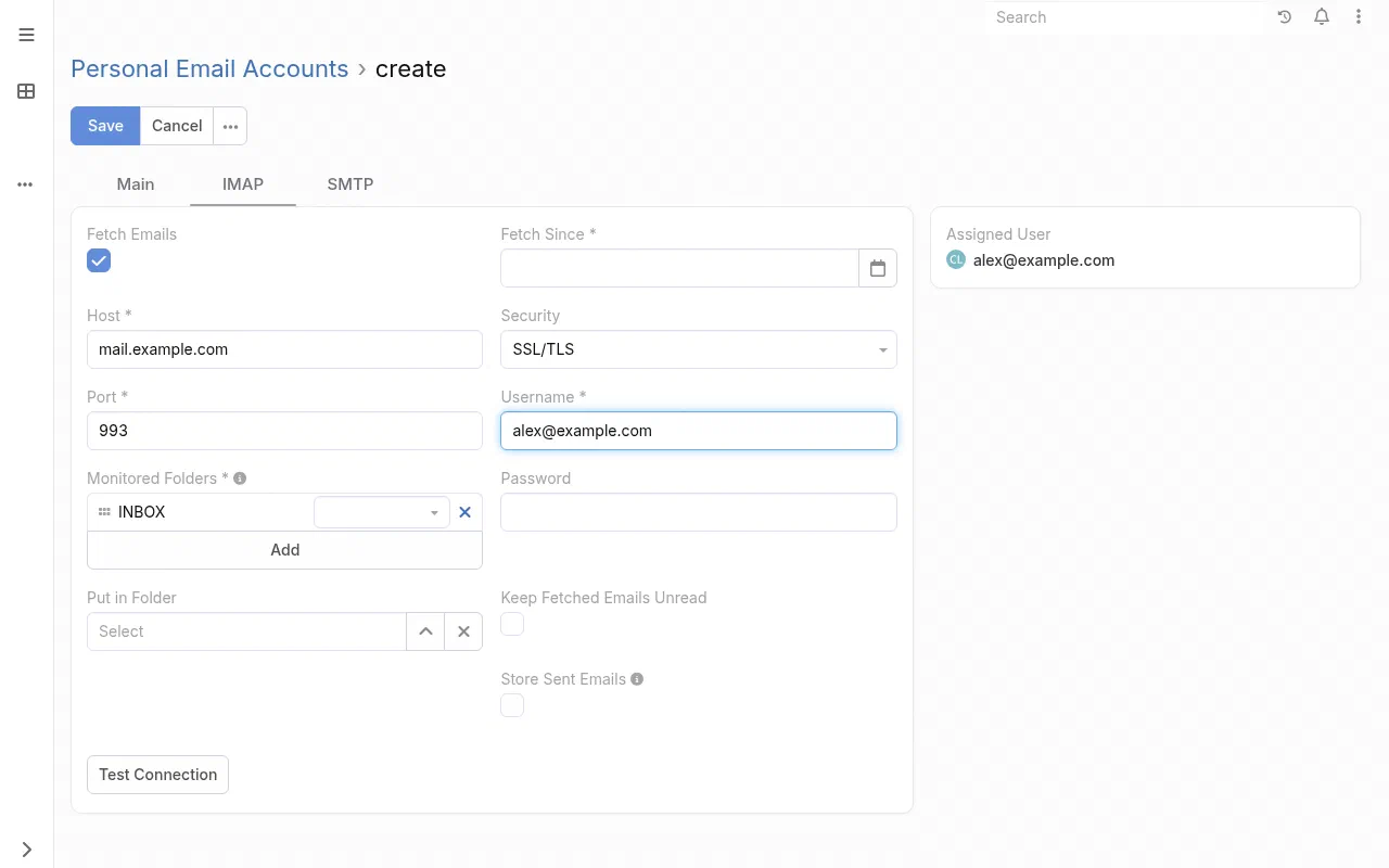 The IMAP tab of a new personal email account in EspoCRM