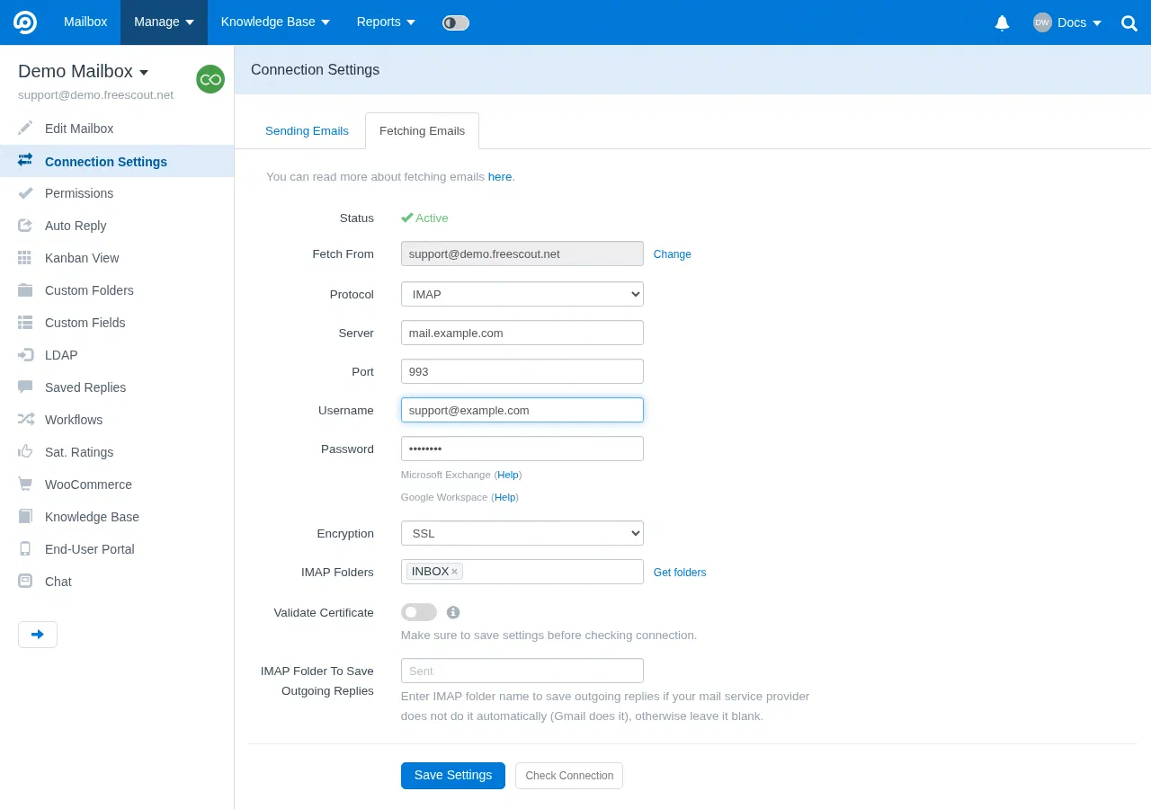 The Fetching Emails tab of a FreeScout mailbox's connection settings