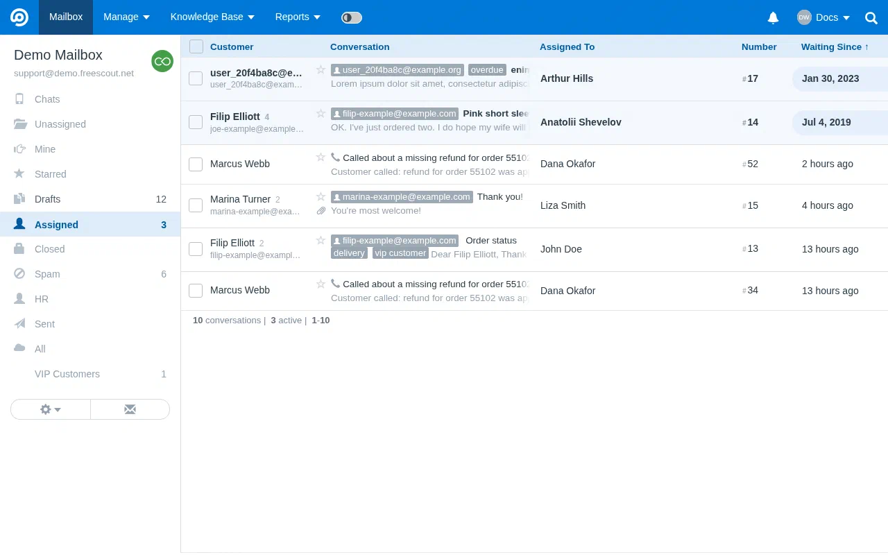 FreeScout mailbox showing the Assigned folder with a list of conversations