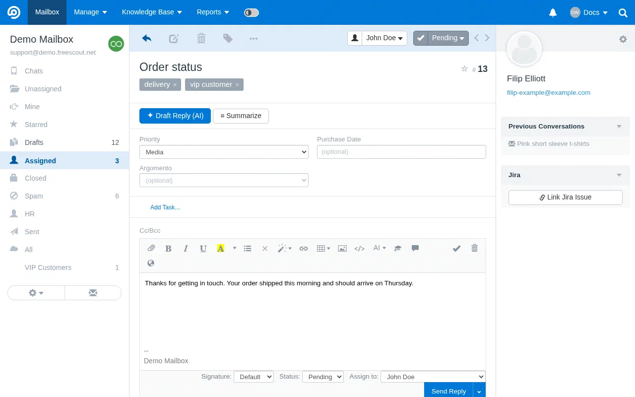 Replying to a conversation in FreeScout, with the Status and Assign to menus under the editor