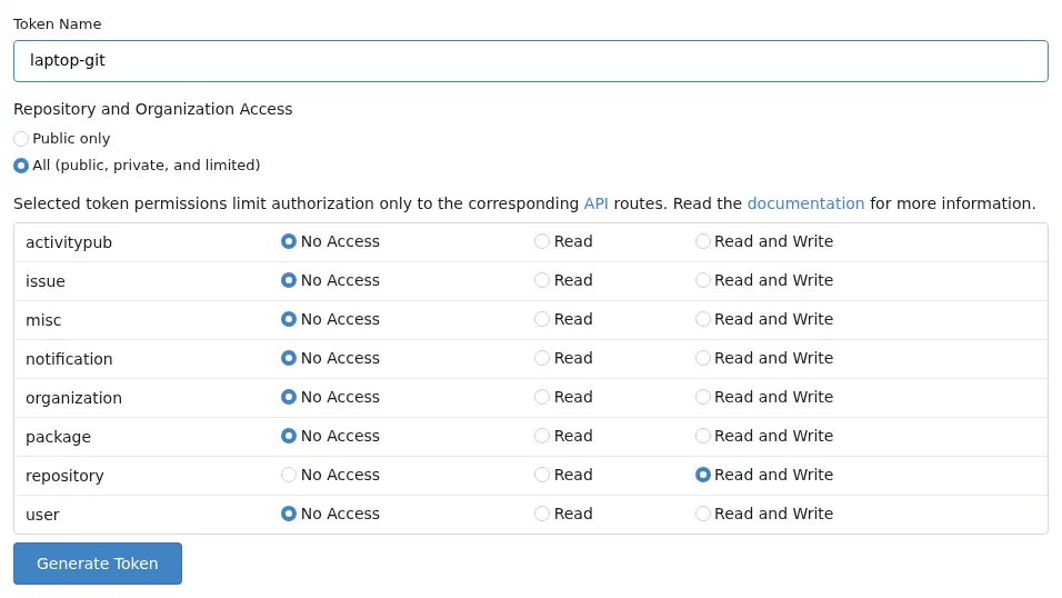 Generating a Gitea access token with Read and Write access to repositories