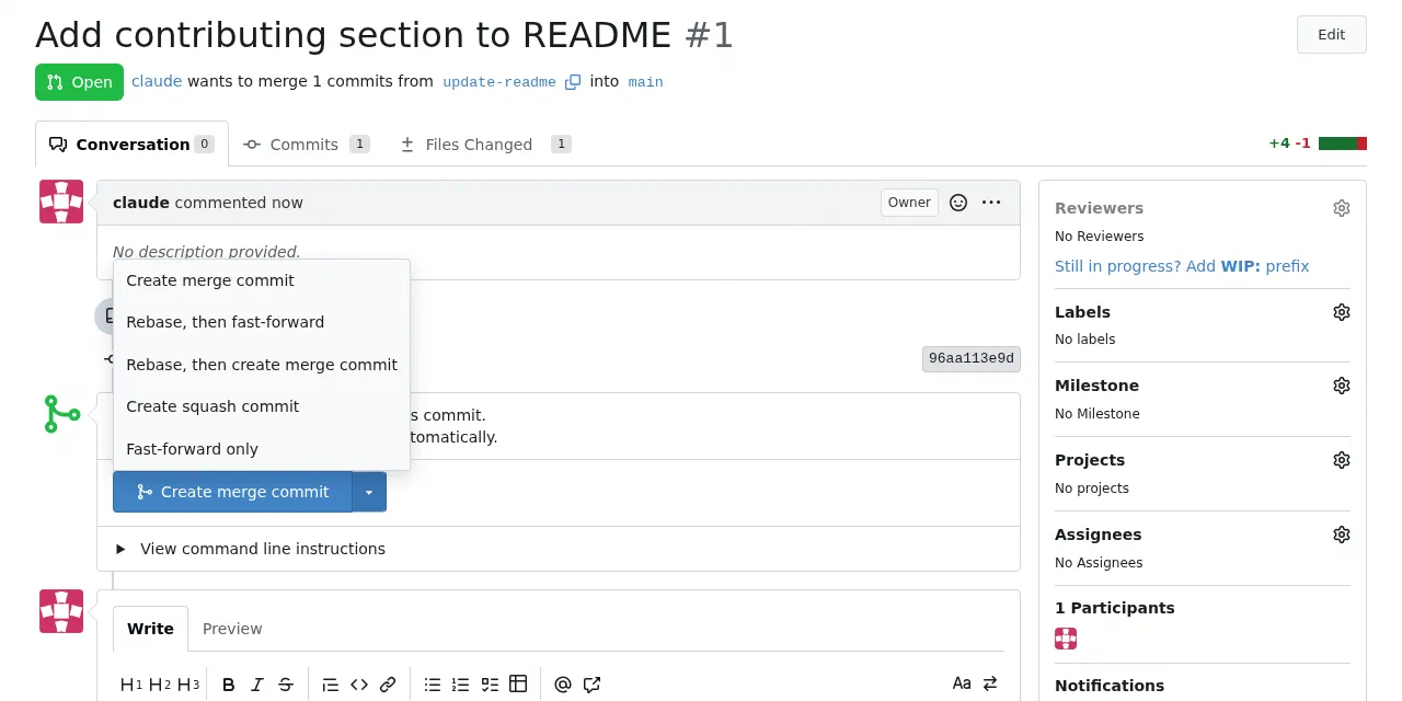 A Gitea pull request with the merge style menu open