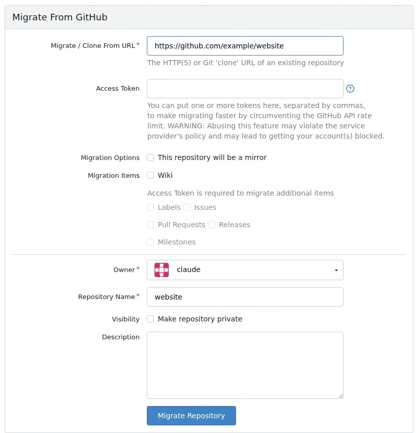 The Gitea Migrate From GitHub form