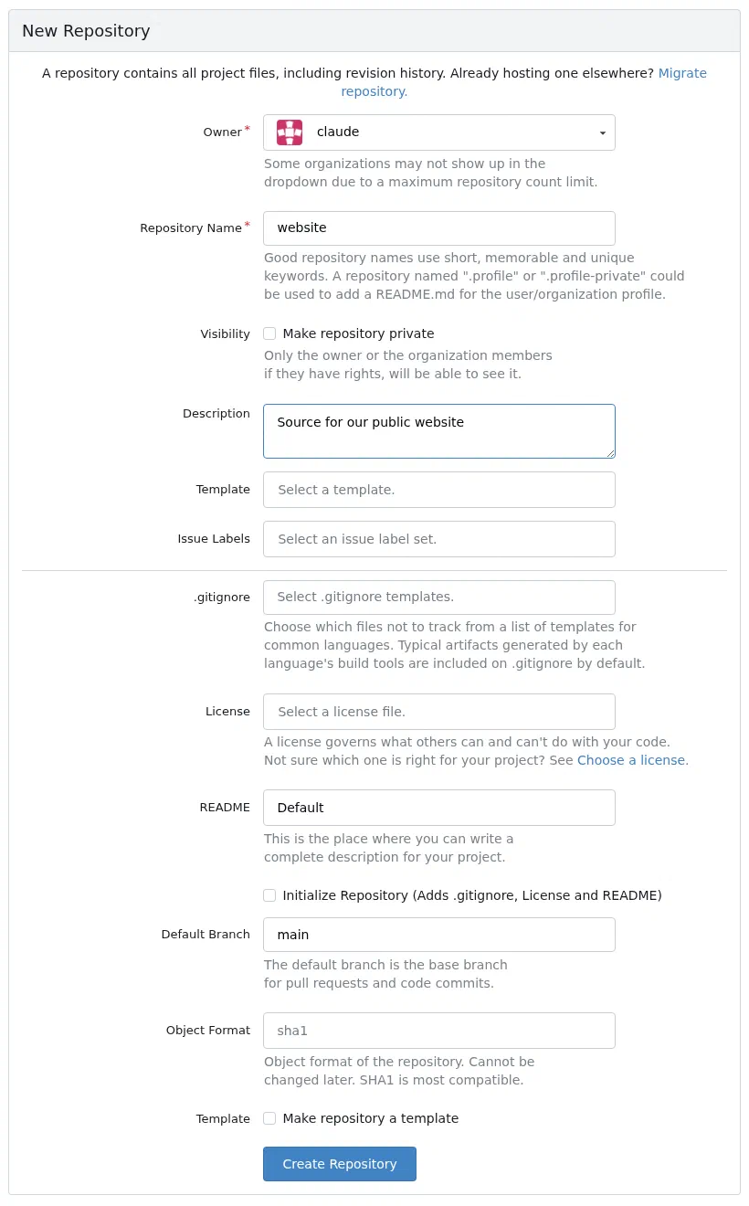 The Gitea New Repository form