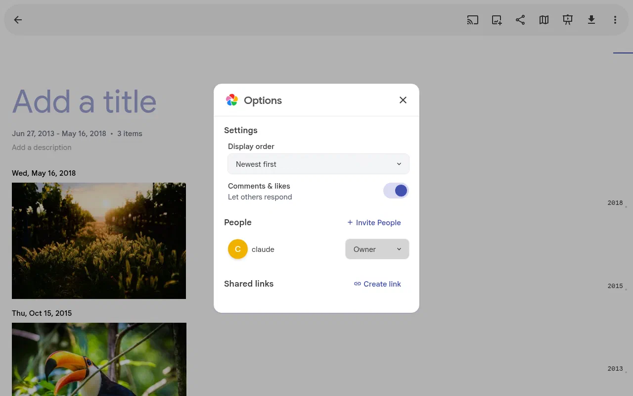 The Immich album options dialog with Invite People and Create link