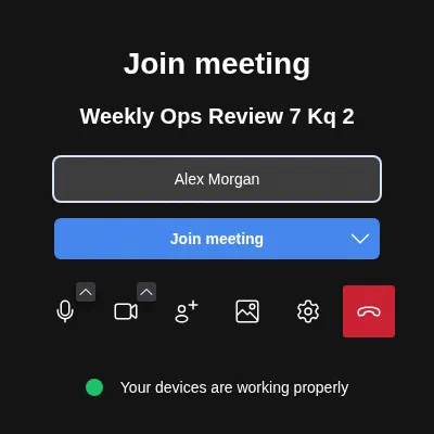 The Jitsi pre-join screen with a name field, Join meeting button, and microphone and camera controls
