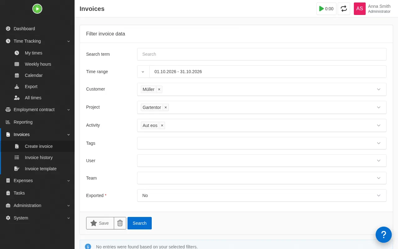 The Kimai Create invoice screen with filters for time range, customer, and project