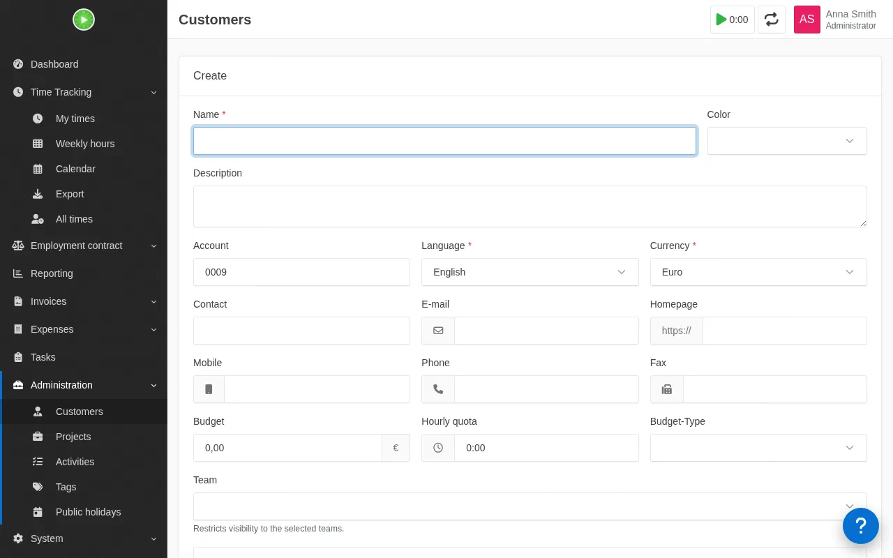 The Kimai form for creating a customer