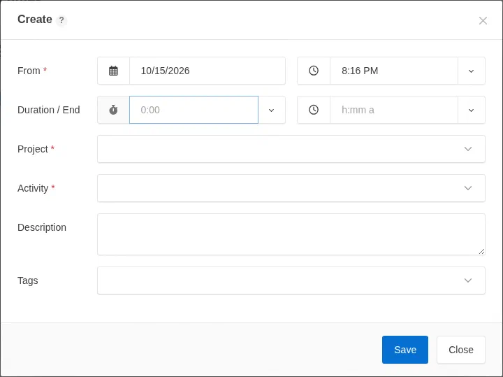 The Kimai dialog for starting a timer, with project, activity, description, and tags fields