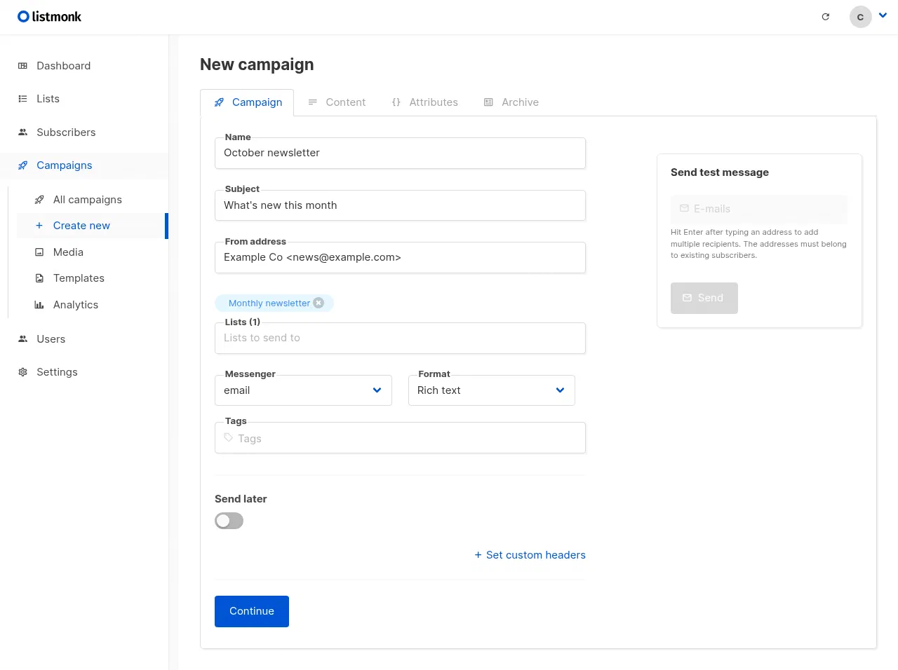 The Listmonk New campaign form with a list selected and the Send test message panel
