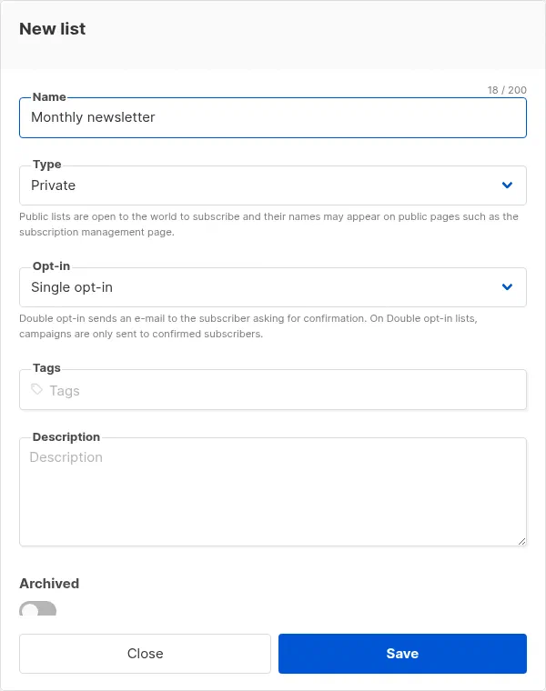 The Listmonk New list dialog with name, type, and opt-in fields