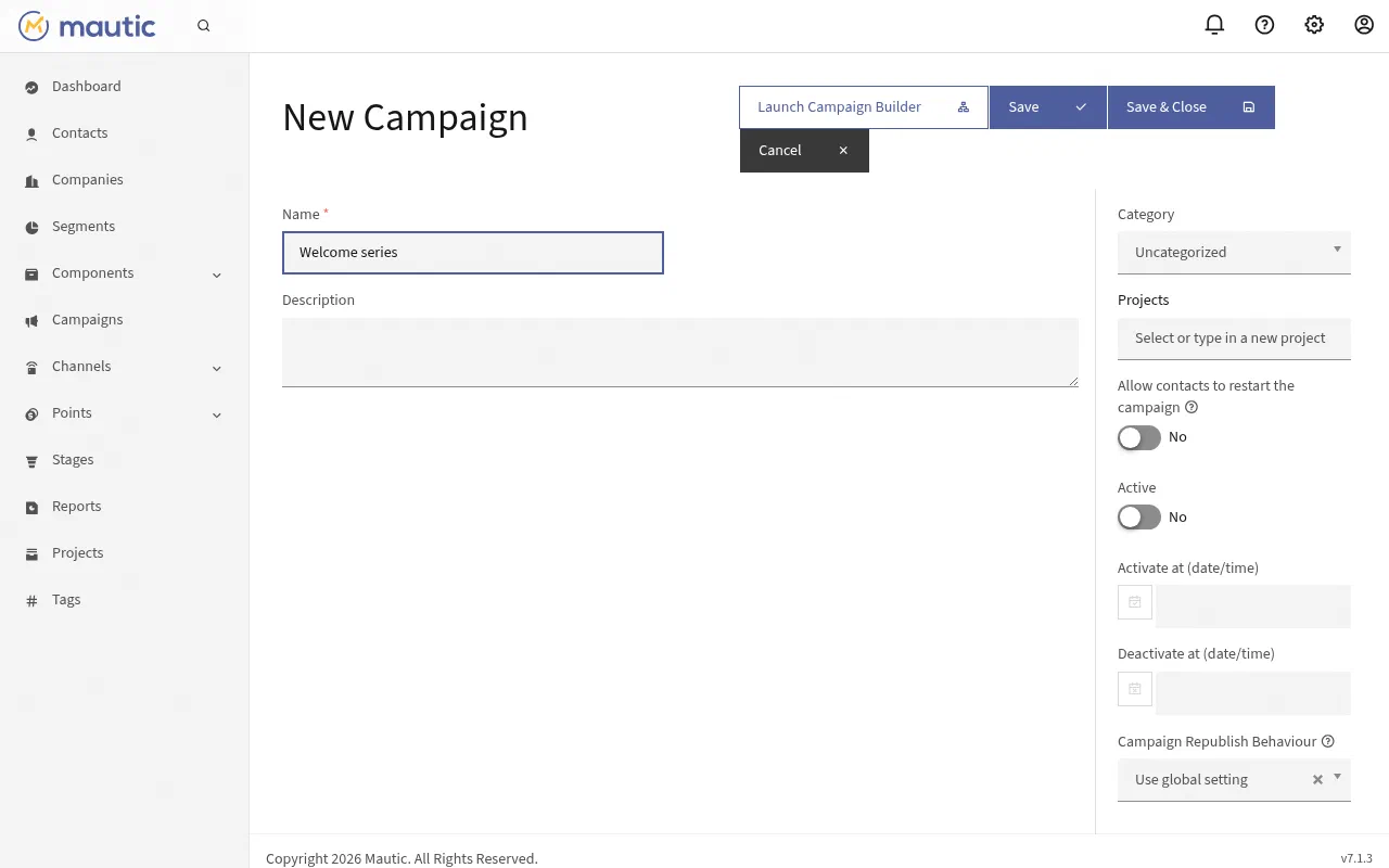 The Mautic New Campaign form with the Launch Campaign Builder button