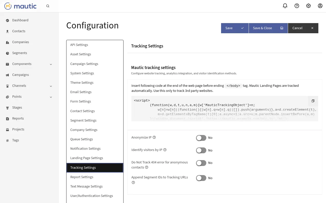 Mautic Tracking Settings with the tracking script
