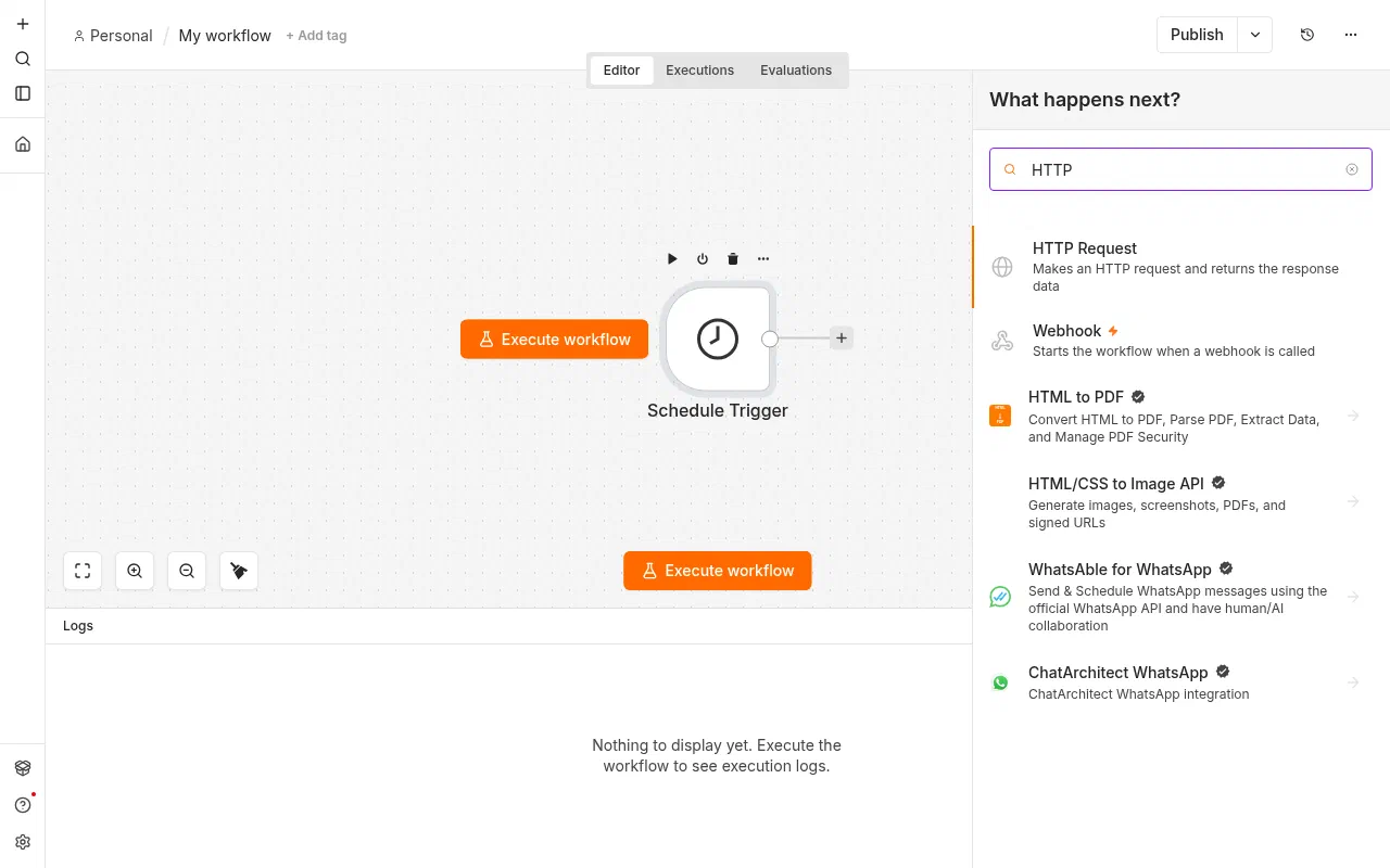 Adding a step after a Schedule Trigger in n8n, with HTTP Request in the search results