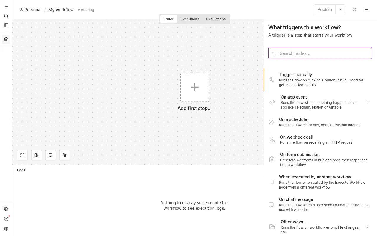 The n8n trigger picker listing manual, app event, schedule, webhook, and form triggers