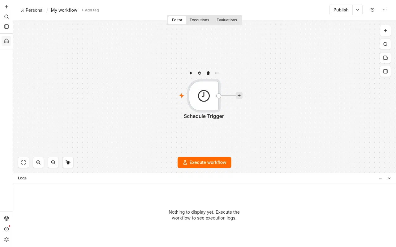 An n8n workflow canvas with an Execute workflow button and a Publish button