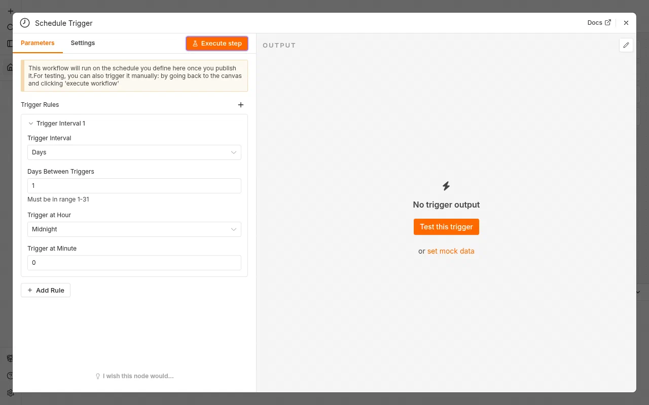 The settings panel of an n8n Schedule Trigger node