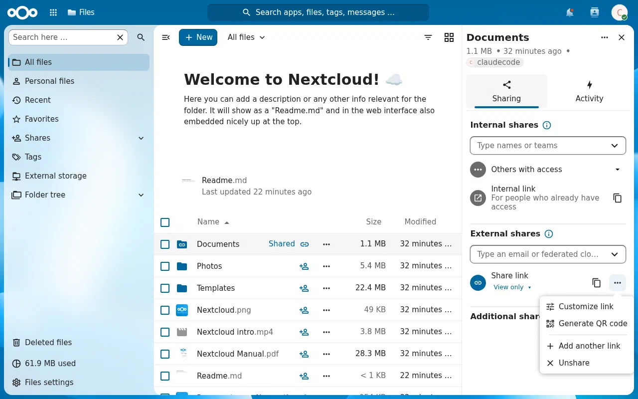 A Nextcloud share link's menu with Customize link, Generate QR code, Add another link, and Unshare