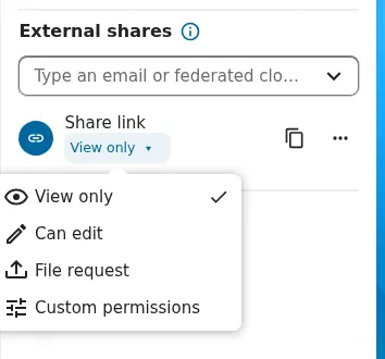 A Nextcloud share link's permission menu with View only, Can edit, File request, and Custom permissions