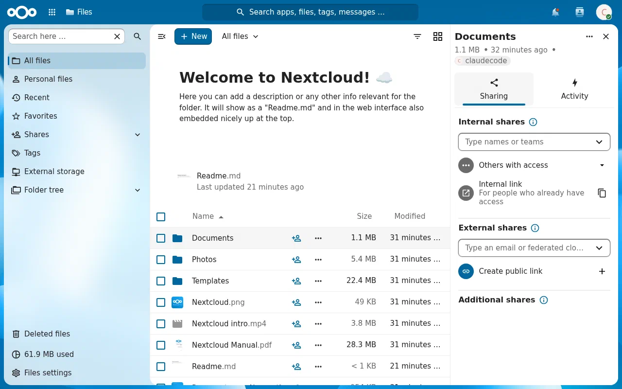 The Nextcloud Sharing tab for a folder, with internal shares, external shares, and Create public link