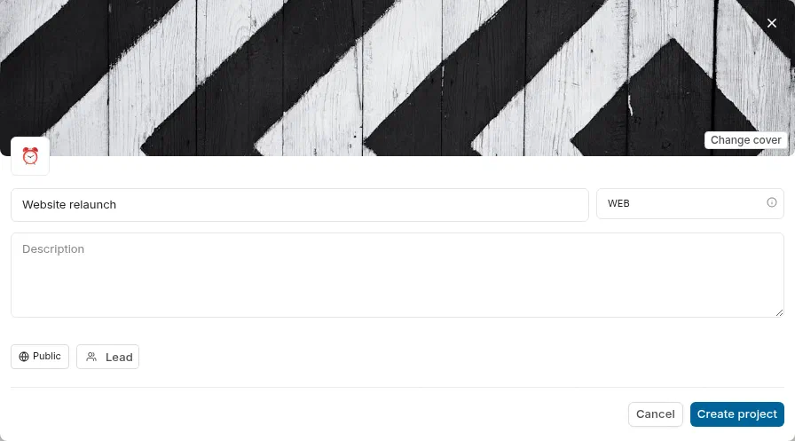 The Plane new project dialog with name Website relaunch and identifier WEB