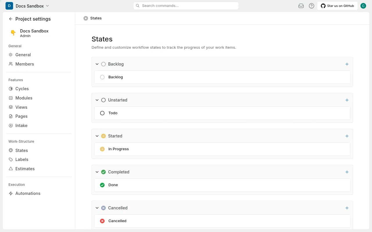 Plane project settings showing the States page