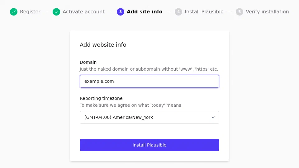 The Plausible Add website info form with domain and reporting timezone