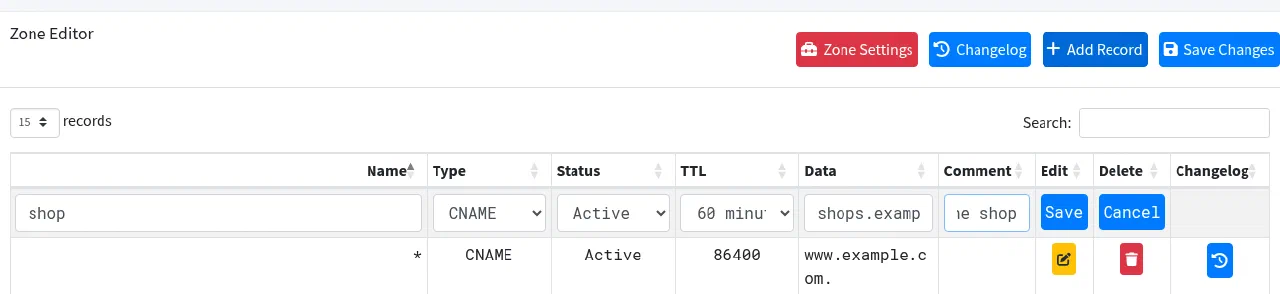 A new CNAME record being added in the PowerDNS-Admin zone editor