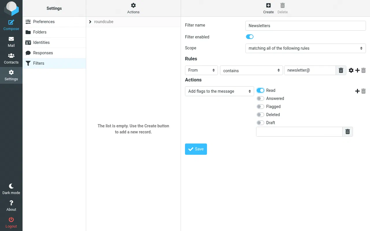 A Roundcube filter that marks messages from newsletter@ as read