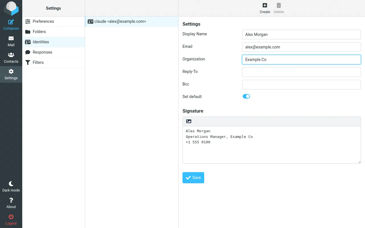 Editing an identity in Roundcube with display name, email, organization, and signature
