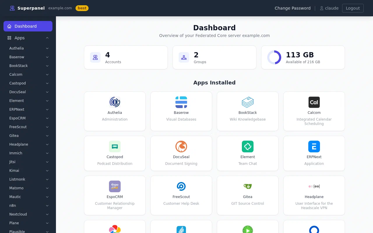 The Superpanel dashboard showing account and group counts, storage, and installed applications