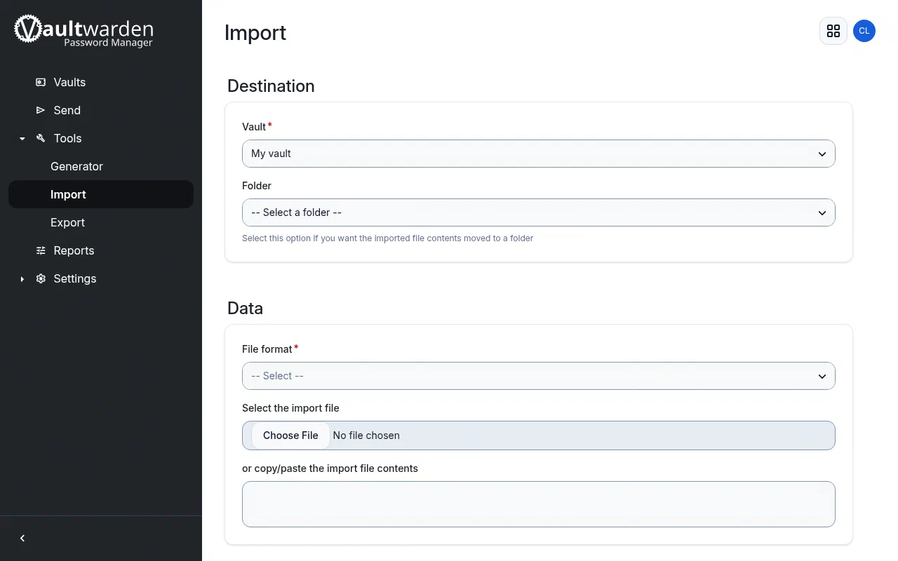 The Vaultwarden Import page with vault, folder, file format, and file fields
