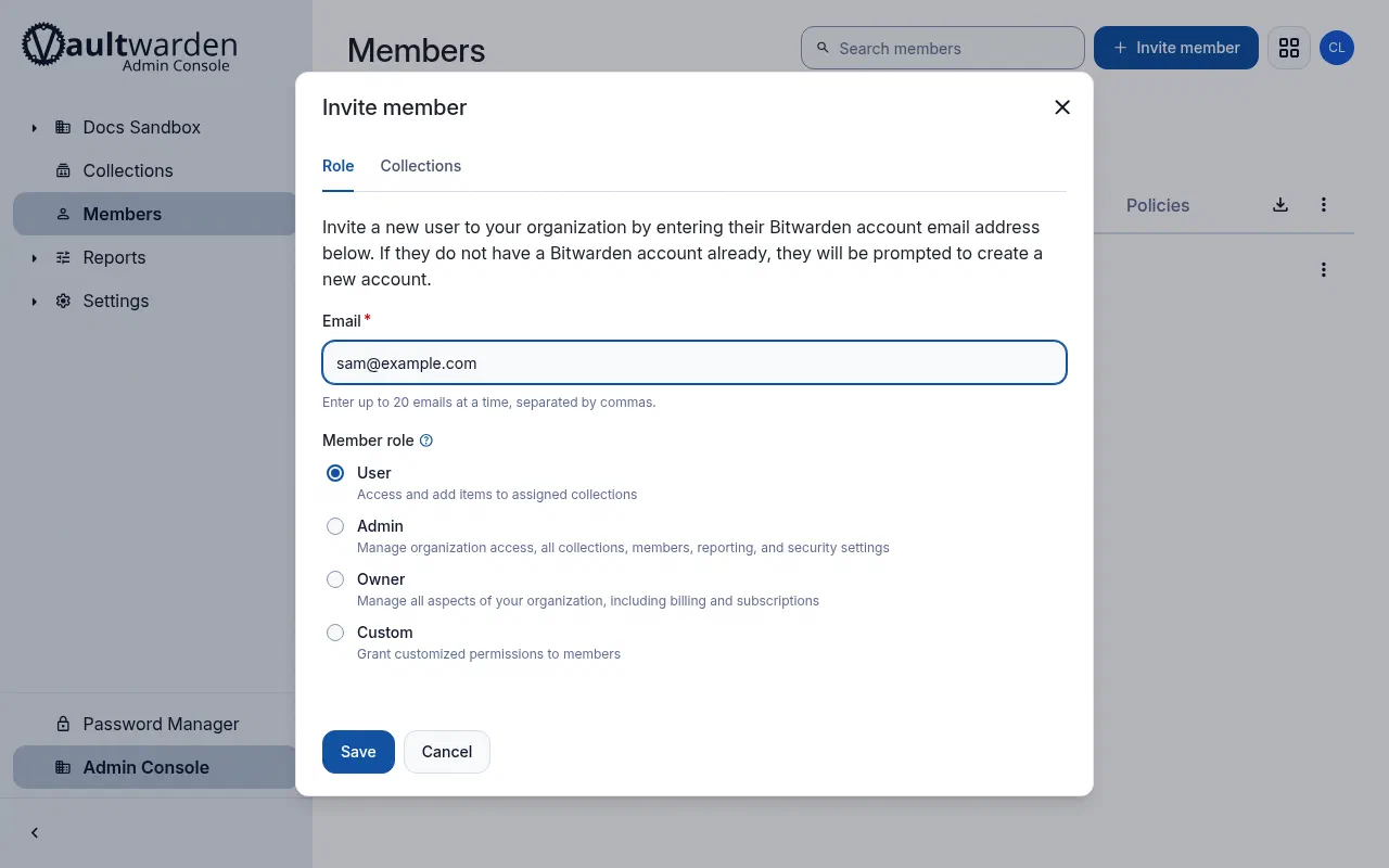 The Vaultwarden Invite member dialog with email and member role