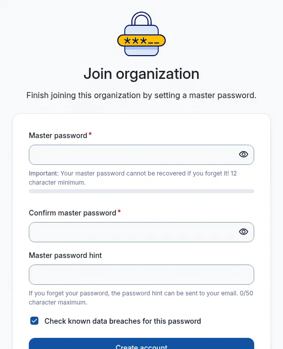 Vaultwarden asking for a master password, a confirmation, and an optional hint